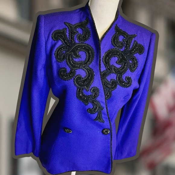 John Meyer of Norwich Vintage Indigo Purple & Black Brocade Sequin Wool Blazer - Picture 15 of 16
